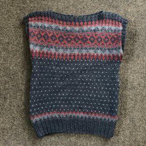 Vintage 80s 90s Wool Fair Isle Hand Knit Blue Maroon Grandpa Sweater Vest Small